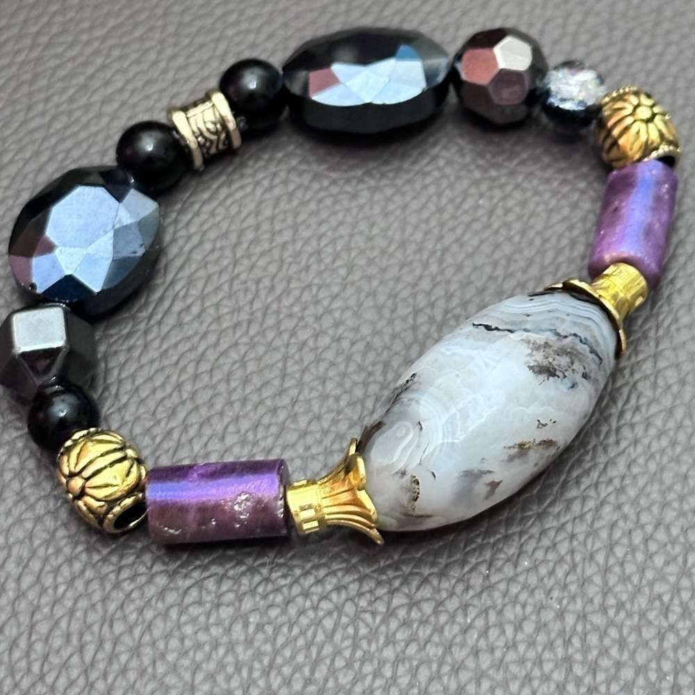 Montana Moss Agate Handmade Bracelet Beaded Crystal And Metal Stretch Artisan 7